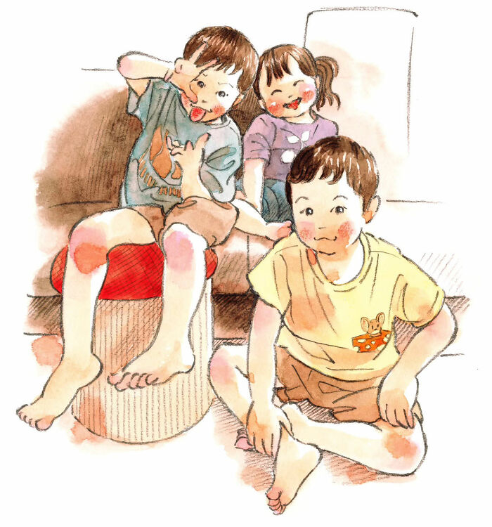 Three smiling children sitting together in a warm painting by Yuuki Nishimura, capturing a wholesome moment.