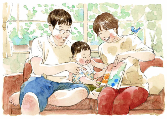 Yuuki Nishimura painting of a joyful family reading together with a bird perched nearby.
