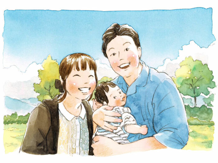 Wholesome painting by Yuuki Nishimura of a joyful family with a baby in a sunny park setting.