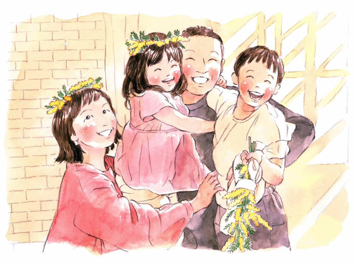 Smiling family with floral crowns, showcasing a heartwarming moment in Yuuki Nishimura painting.
