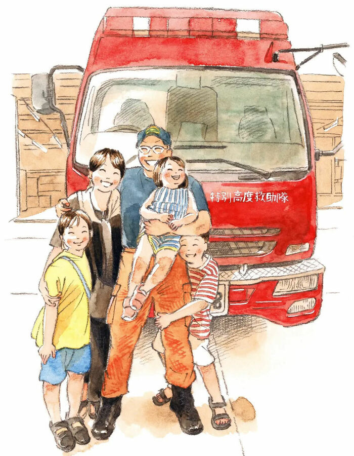 A heartwarming painting by Yuuki Nishimura showing a family embracing by a red fire truck.
