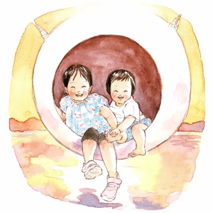Two children laughing together inside a tire swing, watercolor painting by Yuuki Nishimura capturing a wholesome moment.