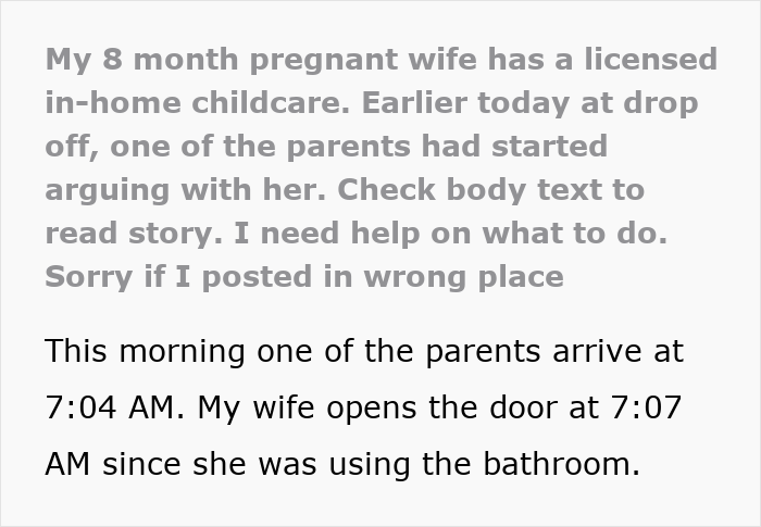 Text about a pregnant wife managing in-home childcare and encountering issues with a parent. Text about a pregnant wife managing in-home childcare and encountering issues with a parent.