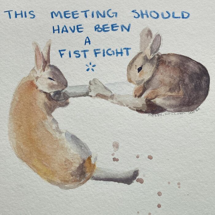 Sassy watercolor rabbits playfully fist-bumping with pop culture humor text above.