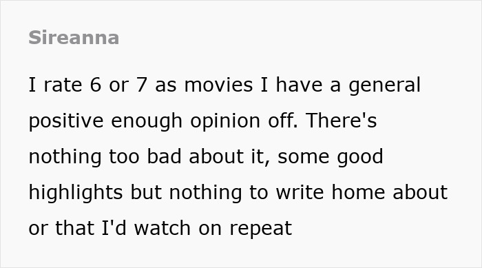 Text image discussing average ratings for movies, mentioning general positive opinion without standout features. Text image discussing average ratings for movies, mentioning general positive opinion without standout features.