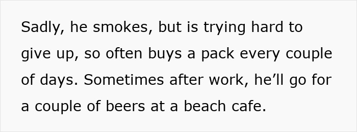 Text about a husband spending money on smoking and drinking after work at a beach cafe. Text about a husband spending money on smoking and drinking after work at a beach cafe.