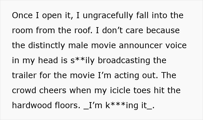 Text excerpt describing falling from the roof with humor and dramatic flair. Text excerpt describing falling from the roof with humor and dramatic flair.