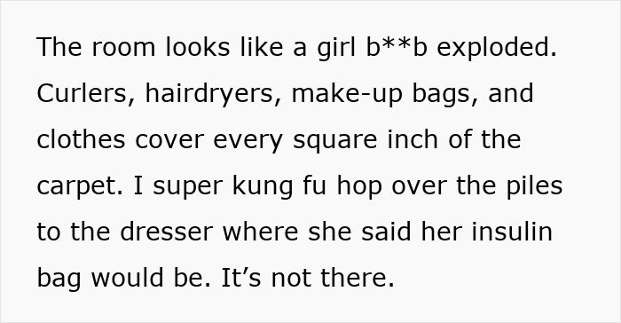 Woman searches cluttered room for insulin amid hairdryers and makeup bags. Woman searches cluttered room for insulin amid hairdryers and makeup bags.