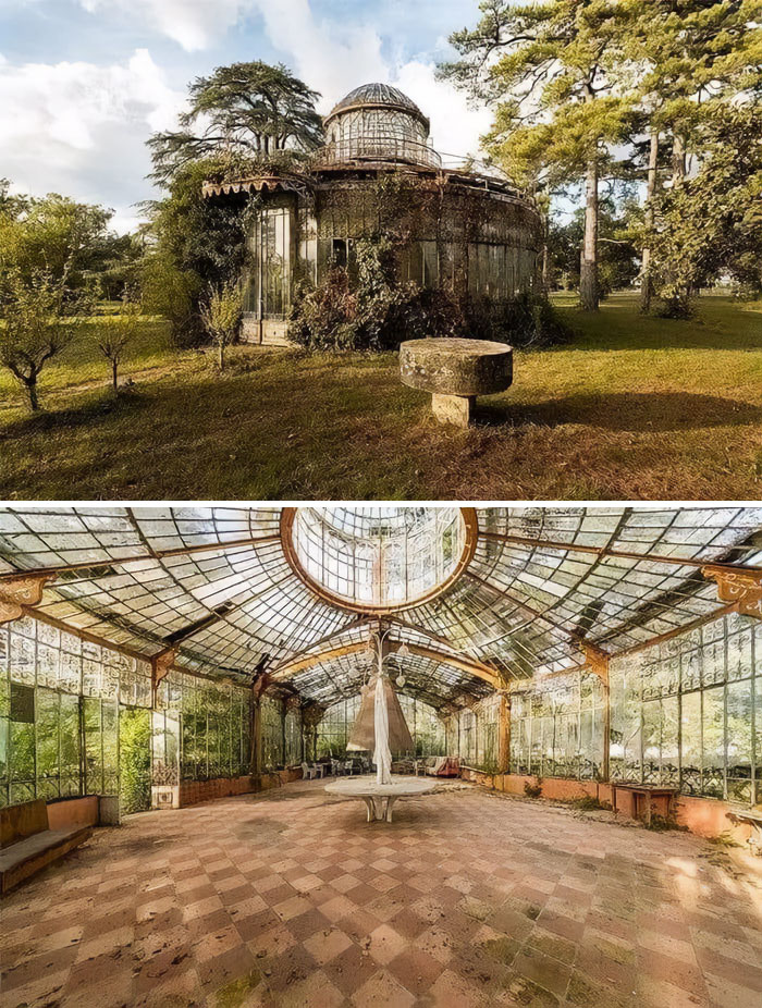Abandoned glass pavilion overgrown with plants, showcasing natural beauty over time.