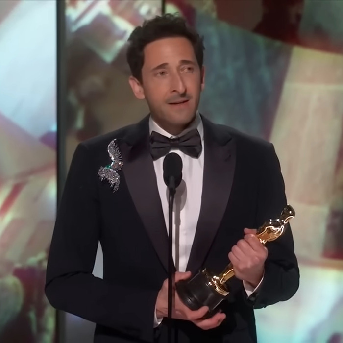 Adrien Brody holding Oscar, delivering a speech at the ceremony. Adrien Brody holding Oscar, delivering a speech at the ceremony.