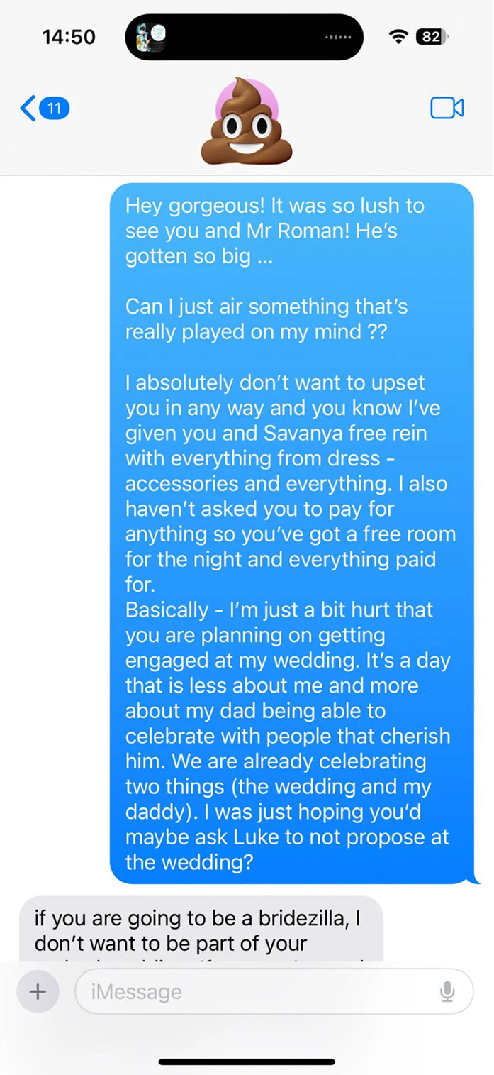 Text conversation about best friend's engagement plans at a wedding, with disagreement over proposal timing. Text conversation about best friend's engagement plans at a wedding, with disagreement over proposal timing.