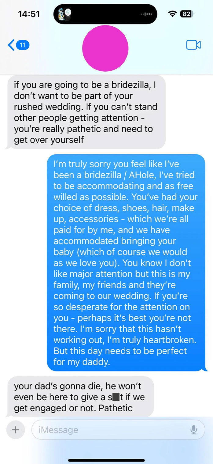 Text message exchange about a friend wanting to get engaged at a wedding, calling bride's reaction "pathetic. Text message exchange about a friend wanting to get engaged at a wedding, calling bride's reaction "pathetic.