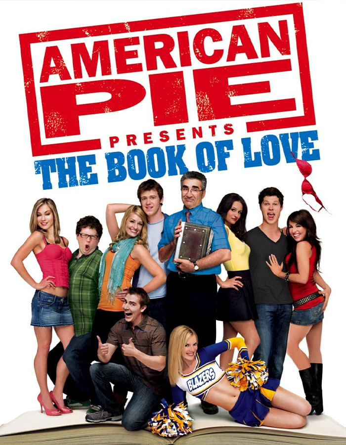 Cast of American Pie: The Book of Love posing, with a prominent "American Pie" logo in the background. Cast of American Pie: The Book of Love posing, with a prominent "American Pie" logo in the background.