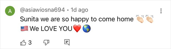 Comment celebrating NASA astronaut's return from space, with clapping, heart, and Earth emojis. Comment celebrating NASA astronaut's return from space, with clapping, heart, and Earth emojis.