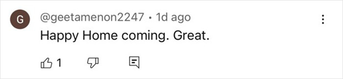 Comment says, "Happy Home coming. Great," related to NASA astronaut news. Comment says, "Happy Home coming. Great," related to NASA astronaut news.