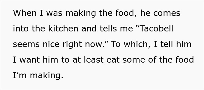 Text exchange about boyfriend confrontation while cooking, mentioning Tacobell as an alternative food choice. Text exchange about boyfriend confrontation while cooking, mentioning Tacobell as an alternative food choice.