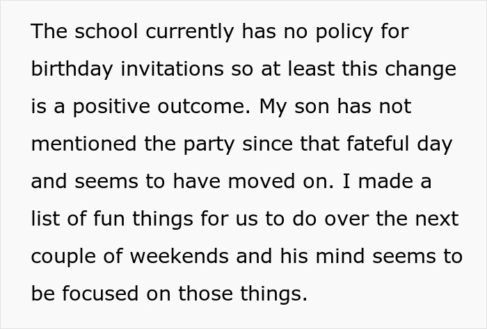 Text discussing school policy on birthday invitations, a boy excluded from a party, and planned weekend activities. Text discussing school policy on birthday invitations, a boy excluded from a party, and planned weekend activities.