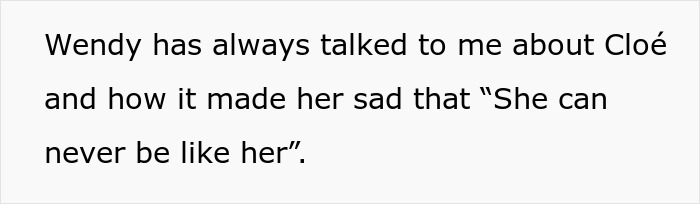 Text discussing Wendy's feelings about Cloe and her sadness, relevant to the daughter's late mother. Text discussing Wendy's feelings about Cloe and her sadness, relevant to the daughter's late mother.