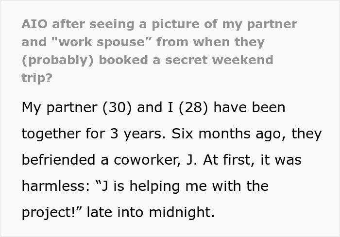 Text about partner and "work spouse" sharing sauna photo, prompting concerns over a secret trip. Text about partner and "work spouse" sharing sauna photo, prompting concerns over a secret trip.