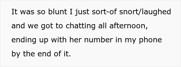 Text describing a conversation where a boyfriend unexpectedly laughs, leading to an afternoon chat and exchange of phone numbers. Text describing a conversation where a boyfriend unexpectedly laughs, leading to an afternoon chat and exchange of phone numbers.