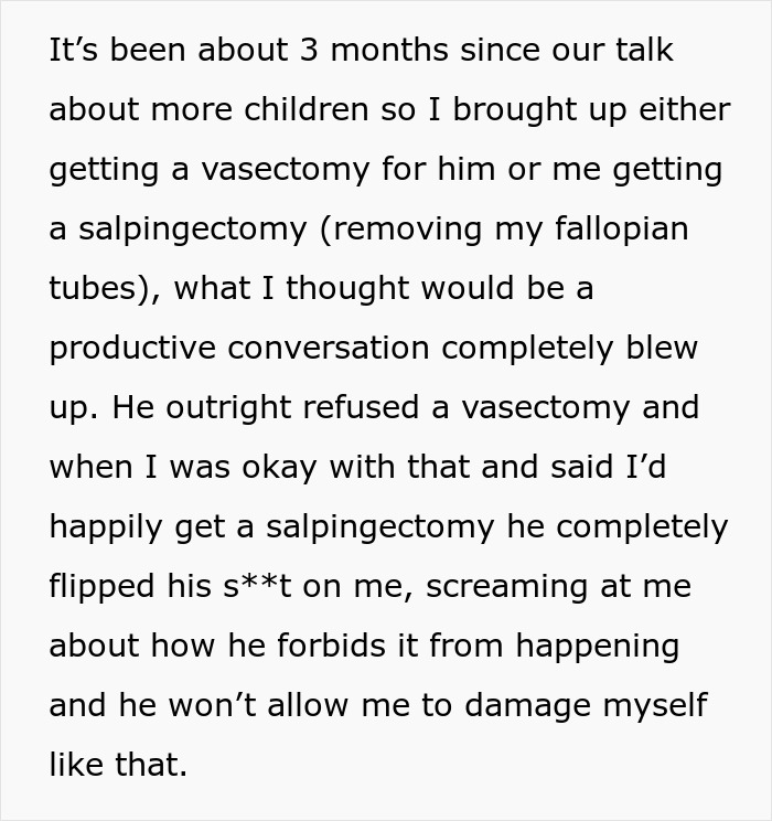 Text discussing sterilization decision causing relationship conflict. Text discussing sterilization decision causing relationship conflict.
