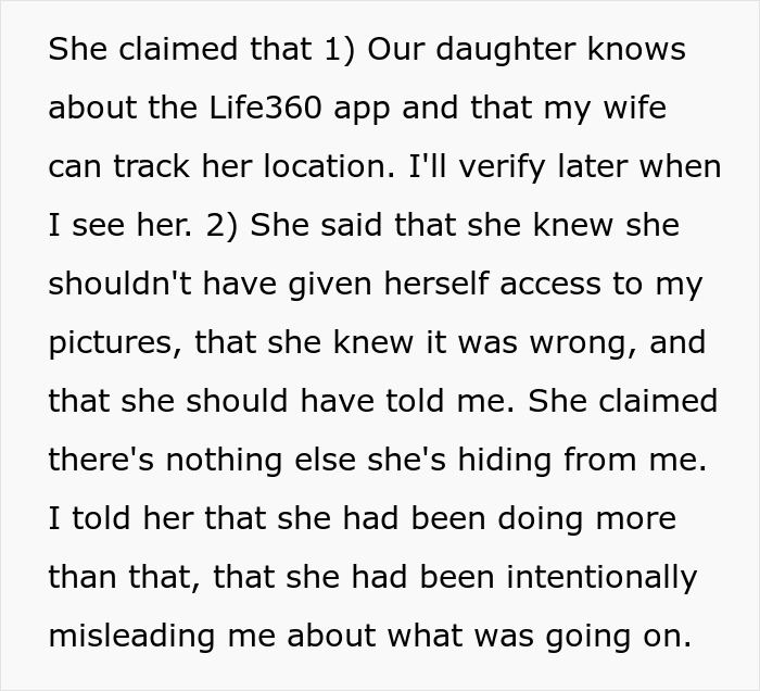 Text reveals man's discovery of wife's secret monitoring of spending and camera roll access. Text reveals man's discovery of wife's secret monitoring of spending and camera roll access.