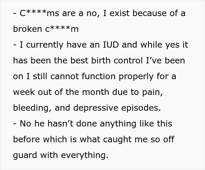 Text about using an IUD and experiences with birth control, highlighting issues with pain and depression. Text about using an IUD and experiences with birth control, highlighting issues with pain and depression.