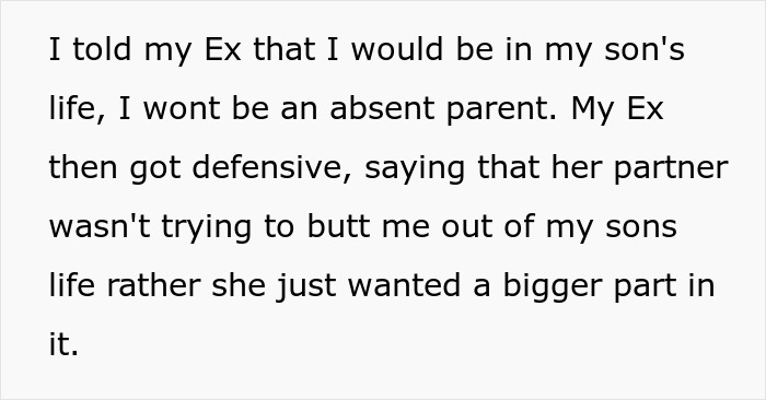 Text exchange about a woman's partner wanting a role in naming her ex's baby, leading to a conflict over parental roles. Text exchange about a woman's partner wanting a role in naming her ex's baby, leading to a conflict over parental roles.