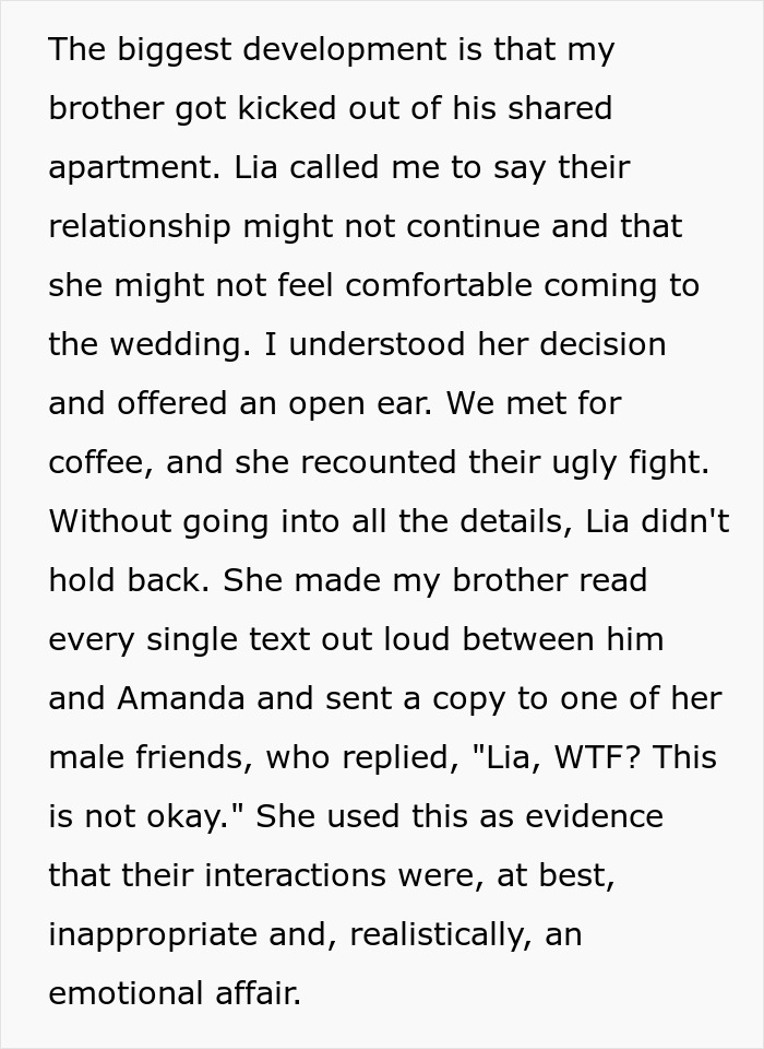 Text excerpt discussing brother's relationship conflict over choosing a female friend as a wedding +1 instead of his girlfriend. Text excerpt discussing brother's relationship conflict over choosing a female friend as a wedding +1 instead of his girlfriend.