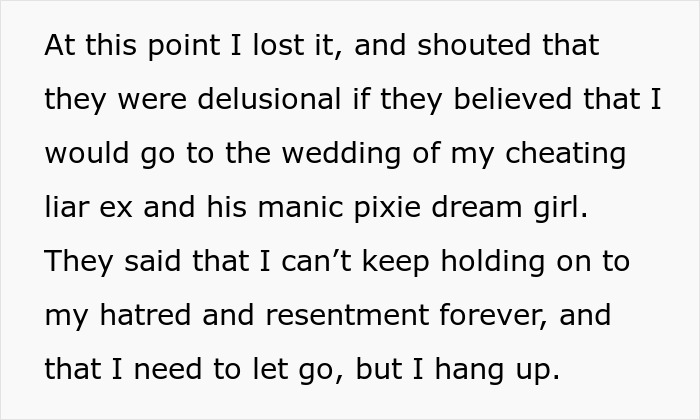 Text expressing frustration about attending an ex's wedding to his cousin. Text expressing frustration about attending an ex's wedding to his cousin.