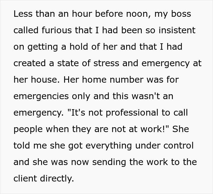 Text about an egoistic boss complaining about a call outside work hours, stressing on professionalism. Text about an egoistic boss complaining about a call outside work hours, stressing on professionalism.
