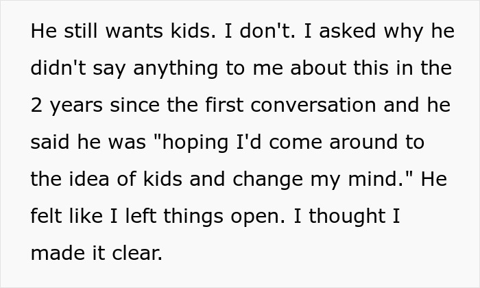 Text discussing a couple's disagreement on having kids and facing a difficult decision. Text discussing a couple's disagreement on having kids and facing a difficult decision.