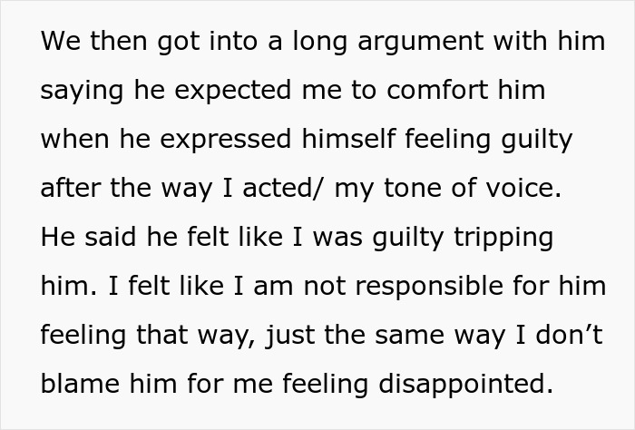 Text discussing a boyfriend confrontation over cooking, involving an argument about feelings of guilt and disappointment. Text discussing a boyfriend confrontation over cooking, involving an argument about feelings of guilt and disappointment.
