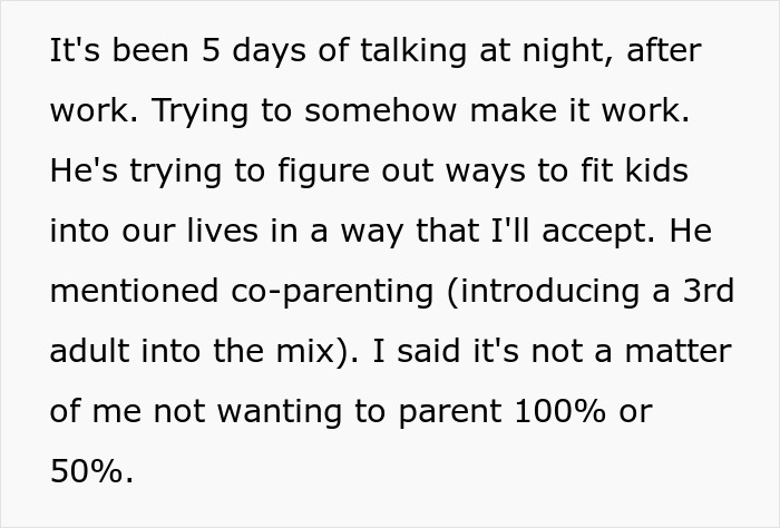 Text discussing a couple's difficult decision about kids, mentioning co-parenting and nightly talks to find a solution. Text discussing a couple's difficult decision about kids, mentioning co-parenting and nightly talks to find a solution.