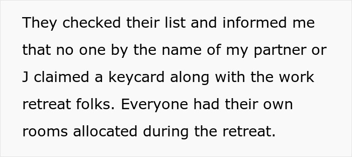 Text discussing work spouse and keycard issue during retreat. Text discussing work spouse and keycard issue during retreat.
