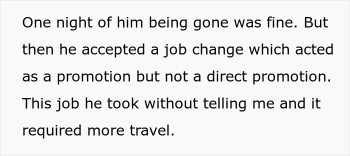 Text about husband accepting job change requiring more travel without consultation, causing family tension. Text about husband accepting job change requiring more travel without consultation, causing family tension.