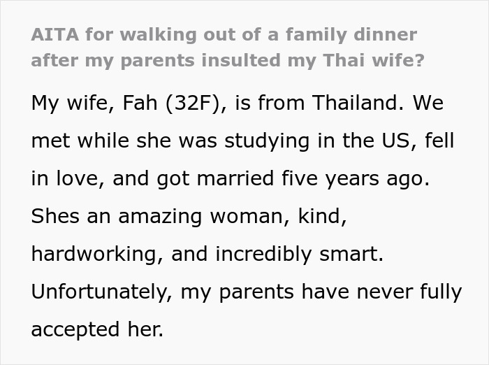 Text screenshot about family conflict over a son's Thai wife and parents' disapproval. Text screenshot about family conflict over a son's Thai wife and parents' disapproval.