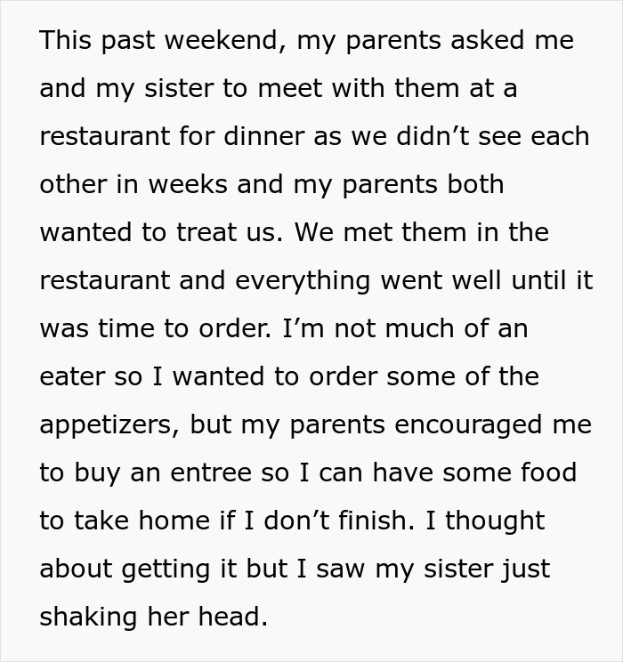 Text screenshot from a family dinner story highlighting a family meeting in a restaurant. Text screenshot from a family dinner story highlighting a family meeting in a restaurant.