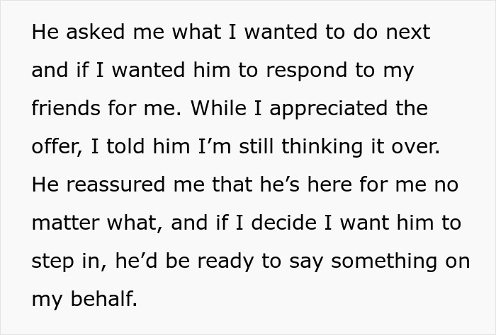 Text about friends criticizing a child-free woman's vacation choices and offering support. Text about friends criticizing a child-free woman's vacation choices and offering support.