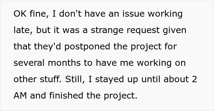 Text exchange about late work request and unexpected firing. Text exchange about late work request and unexpected firing.