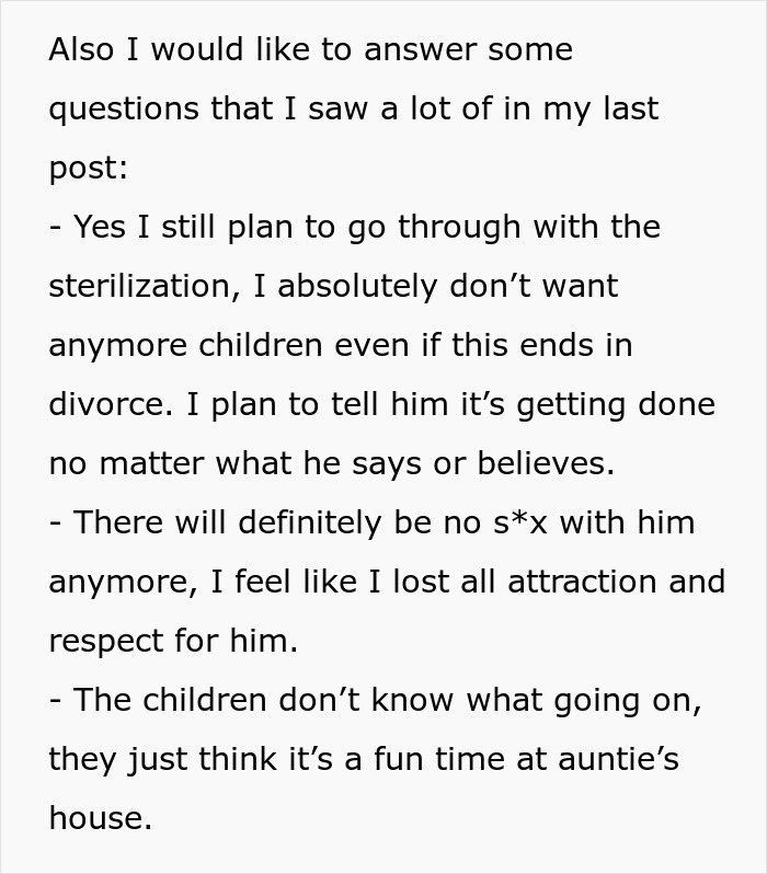 Text discussing sterilization decision against partner's wishes, ending attraction, and children unaware of situation. Text discussing sterilization decision against partner's wishes, ending attraction, and children unaware of situation.