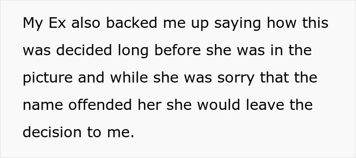 Text screenshot about a woman upset that her partner's ex supports his baby naming decision. Text screenshot about a woman upset that her partner's ex supports his baby naming decision.