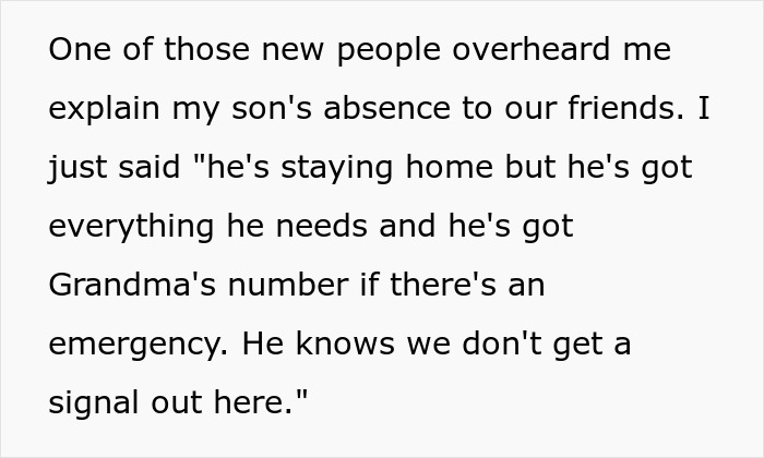 Text discussing concerns about leaving a son at home, mentioning emergency contacts and lack of signal coverage. Text discussing concerns about leaving a son at home, mentioning emergency contacts and lack of signal coverage.