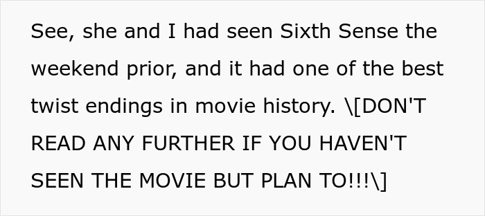Text about the movie "Sixth Sense," known for its twist ending, warns of spoilers. Text about the movie "Sixth Sense," known for its twist ending, warns of spoilers.