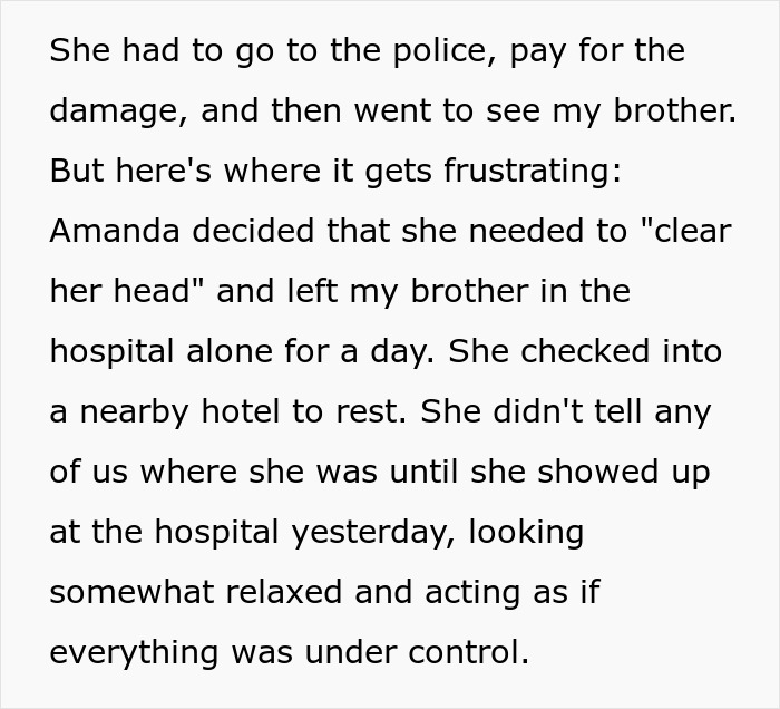 Text message about brother's hospital experience and Amanda's unusual actions. Text message about brother's hospital experience and Amanda's unusual actions.