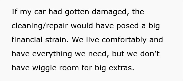 Text discussing financial strain from potential car damage and the importance of staying within budget. Text discussing financial strain from potential car damage and the importance of staying within budget.