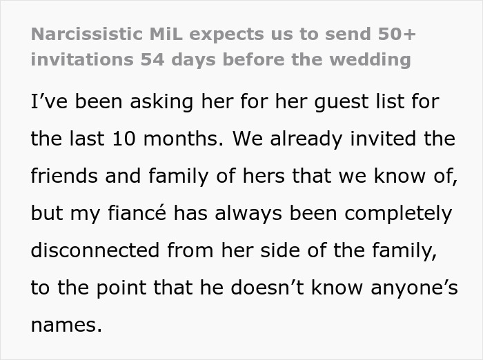 Text about expectations for wedding invitations, with a request for a guest list. Text about expectations for wedding invitations, with a request for a guest list.