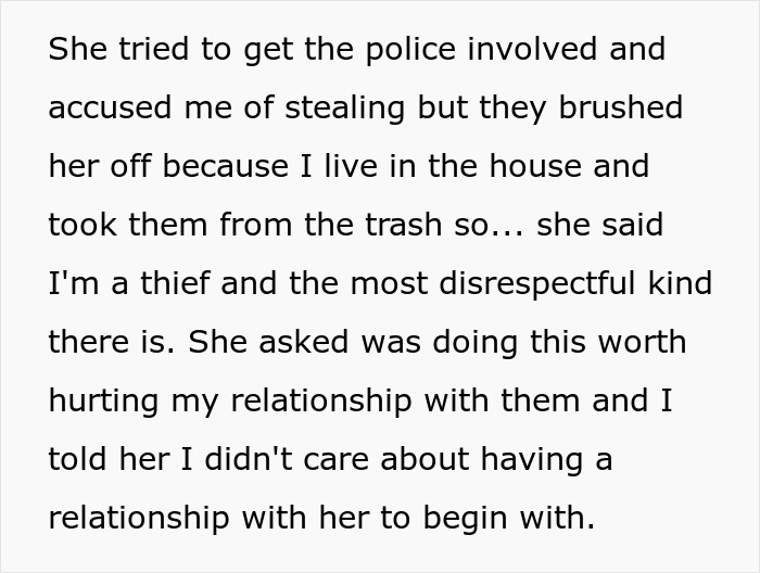 Text detailing a conflict over accusations of stealing belongings taken from the trash. Text detailing a conflict over accusations of stealing belongings taken from the trash.