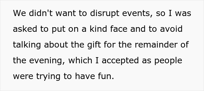 Text describing an attempt to remain calm during a gift exchange drama at a club. Text describing an attempt to remain calm during a gift exchange drama at a club.