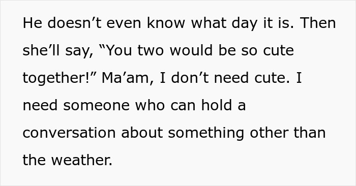 Text about a man struggling with meaningful conversations and a mother trying to set him up with a neighbor. Text about a man struggling with meaningful conversations and a mother trying to set him up with a neighbor.